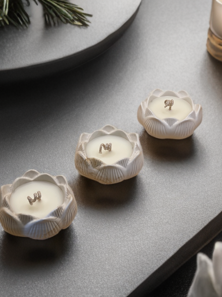Mini Lotus Candle Set of 3 – Handmade Jesmonite & Soy Wax Candles