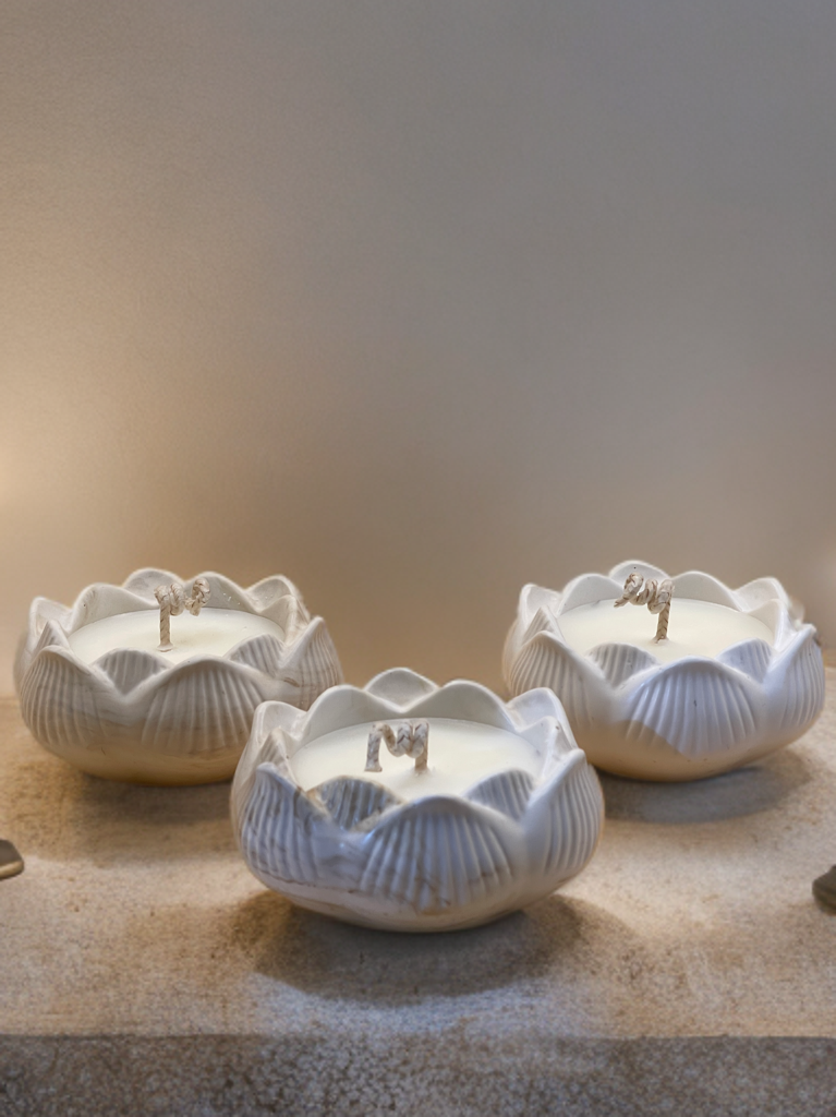 Mini Lotus Candle Set of 3 – Handmade Jesmonite & Soy Wax Candles - Image 2